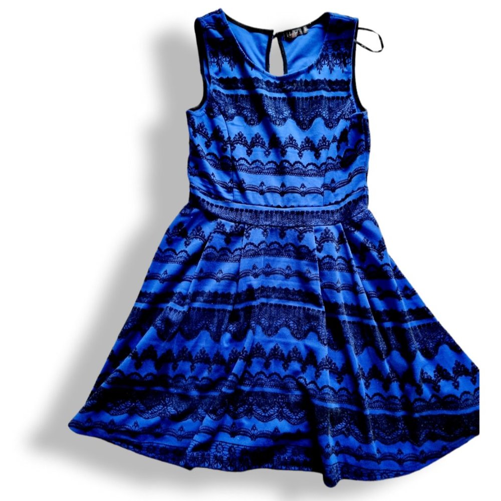 Chicaboom, black + blue, fit + flare, high neck, sleeveless, short dress - Picture 1 of 9